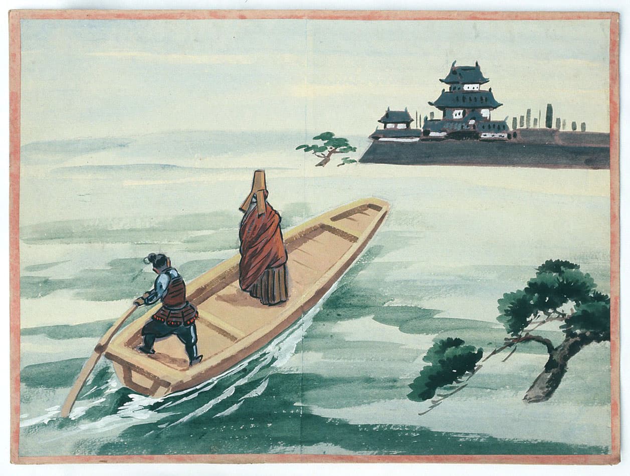 秀吉方の安国寺恵瓊という僧侶が和平交渉のために船で高松城に向かう様子